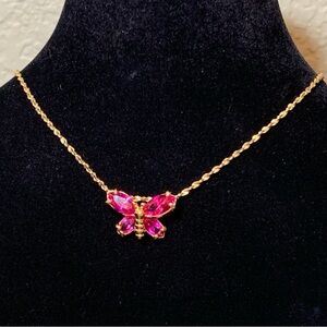 Kenneth Jay Lane Pink Jeweled Butterfly Necklace with 16” Gold Chain